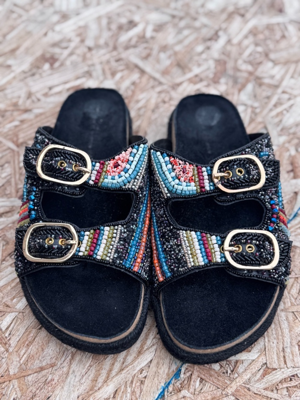 House of Harlow 1960 Black Beaded Slide Sandals with Multicolor Accents
